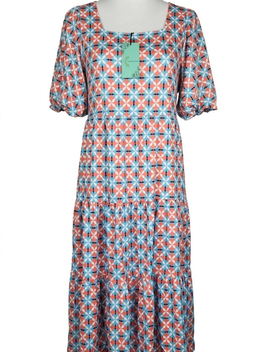 NWT M/L/XL Sunshine and Rodeos Maxi Dress - Coral Turquoise White Geometric